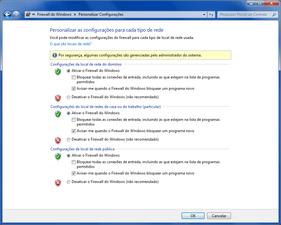 Para o Sistema Operacional Windows, acesse a Central de Segurança e ative o Firewall do Windows: Clique em Iniciar, Painel de Controle, Firewall do Windows, Ativar ou