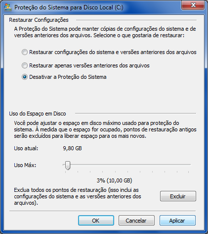 Configuração do Windows Pontos de restauração A funcionalidade de Pontos de restauração do Windows, gerenciável através da opção Proteção do Sistema das Propriedades do Computador, deve ser