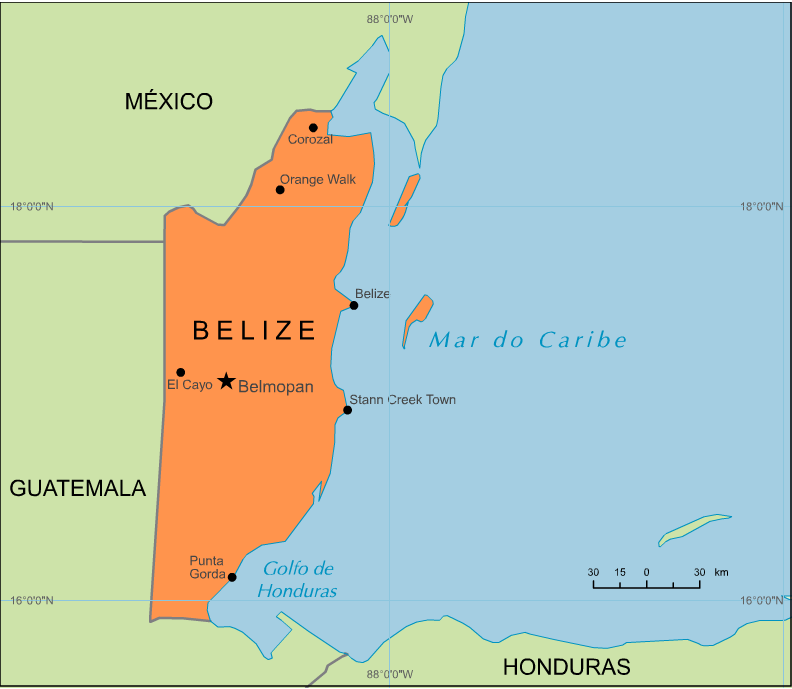 Dados Básicos Localizado na América Central, o Belize faz fronteira com México, Guatemala e limita-se com o Mar do Caribe.