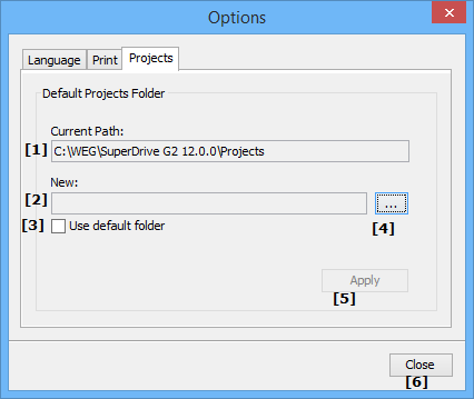 Menus Permite ao usuário selecionar a pasta padrão para armazenamento dos projetos do SuperDrive G2. Esta opção informa o caminho atual onde os projetos são gravados, e permite alterar este caminho.