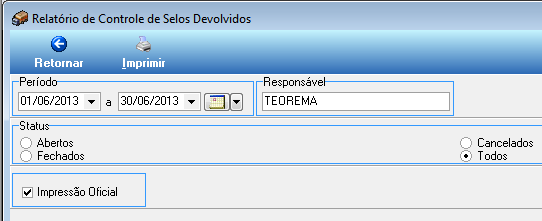 Figura 63 Visualização de impressão do Relatório de Selos Utilizados. 4.2.4 Relatório para Selos Acrílicos Devolvidos Menu de acesso para o Relatório de Selos Acrílicos devolvidos, Figura 64.