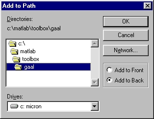 Introdução ao Matlab R 27 de maio de 2009 16 4 INSTALANDO O PACOTE GAAL Clique duas vezes com o botão esquerdo do mouse em toolbox e depois o mesmo em gaal. Depois clique em Add to Back 6.