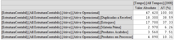 5.2.2 Análise Vertical O Quadro 5.3 e a Figura 5.3 mostram a utilização de análise vertical para saber a porcentagem de participação dos itens do ativo operacional no ano de 2008. Quadro5.