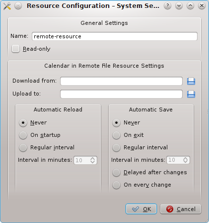 Uma imagem da Configuração dos Recursos de Ficheiros Remotos do KOrganizer Poderá configurar o recurso para ser apenas para leitura, mantendo o ficheiro remoto.
