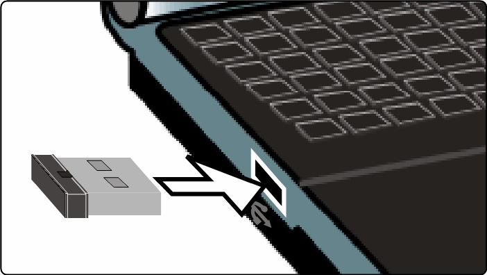 Insira a dongle Bluetooth como mostrado, com a seta para cima, numa porta USB do seu computador/netbook. Não forçe! 2.
