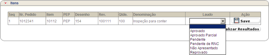 Preenchendo todos os campos corretamente, o inspetor deve clicar no botão de Finalizar Resultados.