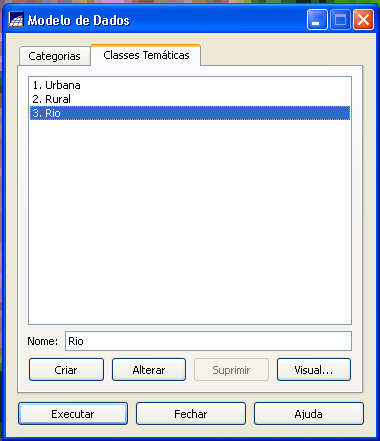4. Criar uma nova classe temática, em Nome digitar Rio, clicar em Criar e Executar (Fig.4) e fechar a caixa. Fig.4- Classe temática Rio criada 5.