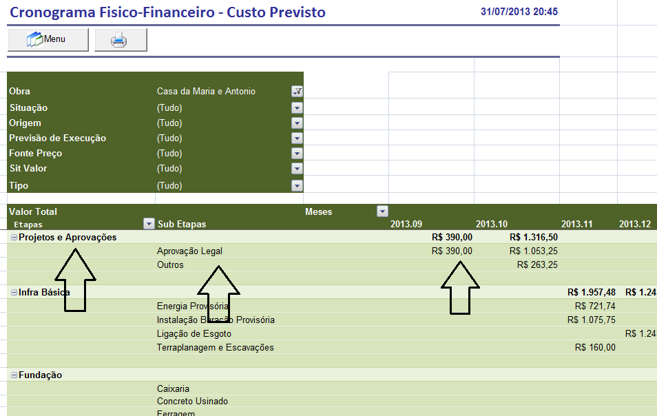 Figura 10 - Realizar previsão por Etapas ou Sub etapas e na sequência informar um mês e ano previsto para a execução deste custo e pressionar o botão "Confirmar".