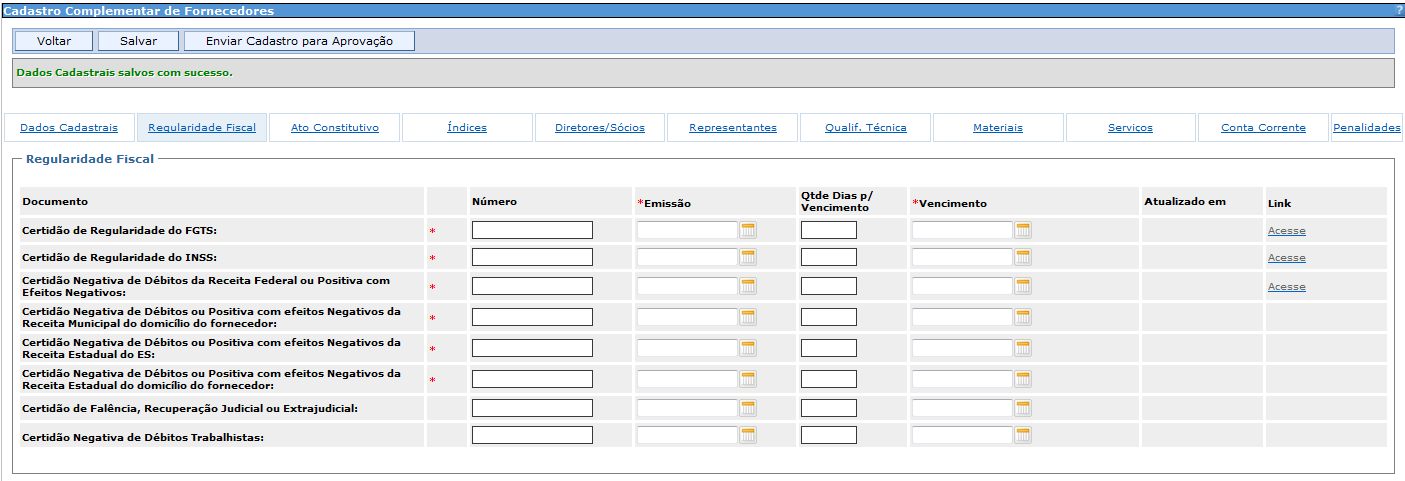 Clique na aba Regularidade Fiscal para cadastrar os documentos