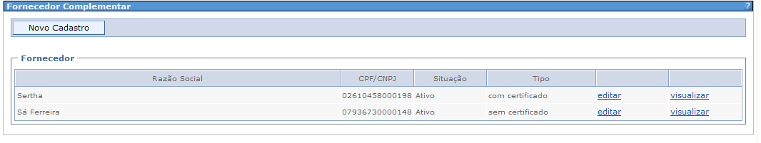 Após analisado e emitido o certificado pela SUCAF, aparecerá o status com certificado. Será indeferido pela Comissão de Cadastro o pedido cadastral com ausência de documentos ou com validade expirada.