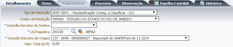 Na aba Detalhamento selecione o tipo de retenção correspondente à consignação que se pretende recolher. Exemplificaremos com o tipo IRRF Serv.