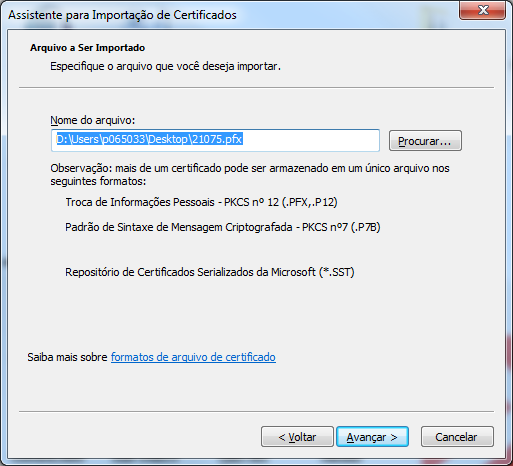 3.3 Caso o caminho do certificado não esteja preenchido, clique em procurar e ache o arquivo na área de trabalho ou o