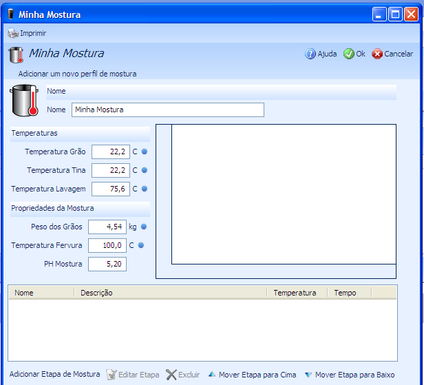 Design de receitas Perfis para Mostura, Carbonatação e Maturação - Mostura 2 1 6 Criando o perfil da mostura parte 1/2: 1- Nome 2- Painel de temperaturas e propriedades da mostura: Painel com