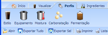 Design de receitas Perfis para Mostura, Carbonatação e Maturação - Carbonatação Os perfis de carbonatação pré cadastrados incluem: Corn sugar (açucar de milho) Extrato seco de