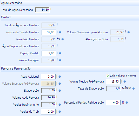 Abas da receita Volumes de Água 1 2 3 1- Água necessária: Total de água para produzir a cerveja 2- Mostura: Informa os volumes de água na mostura, conforme já vimos na aba Detalhes da mostura.