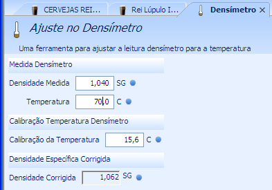 Ferramentas Densímetro 1- Medida densímetro: Valor medido no densímetro e a temperatura 2- Calibração temperatura