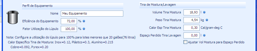 Configurações iniciais no Beer Smith Configurando o seu equipamento 2 3 1 4 5 7 6 8 1- Nome do seu equipamento 2- Eficiência do equipamento: Para brassagem com grãos (100% ou parcial).