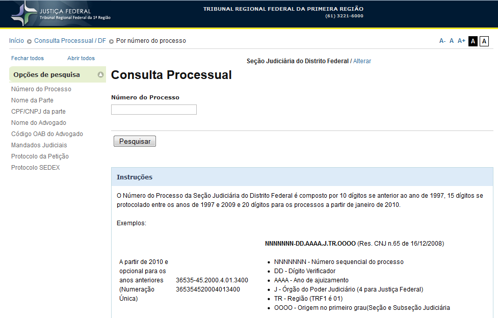 Ao selecionar uma Seção/Subseção e clicar no botão ok, o usuário será direcionado para a tela com os parâmetros da consulta de processo.