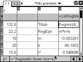 1. Regressão Linear Prime b e seleciona 4:Estatística, 1:Cálculos estatísticos e 3:Regressão linear (mx+b).
