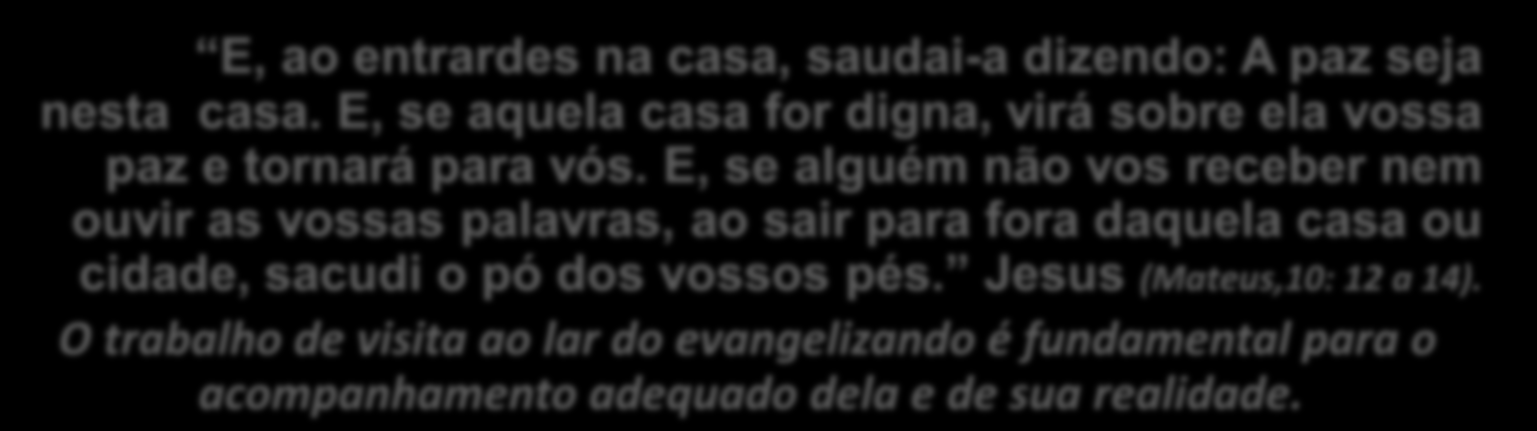 76-77) E, ao entrardes na casa, saudai-a dizendo: A paz seja nesta casa. E, se aquela casa for digna, virá sobre ela vossa paz e tornará para vós.