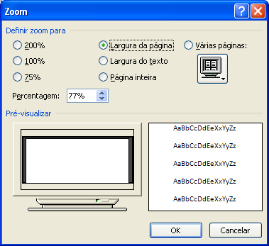 José Coelho O terceiro bloco tem as opções de zoom: Zoom abre uma caixa de diálogo na Figura 2-7 permitindo diversas formas de escolher uma ampliação (número de páginas; largura do texto; largura da