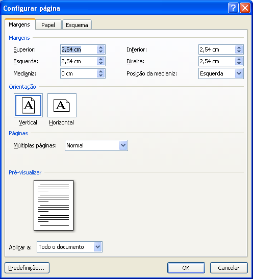 Processamento de Texto Figura 2-8 Esquema de Página» Configurar Página e Fundo de Página (esquerda), e caixa de diálogo Configurar Página (direita) Na configuração de página pode-se definir: Margens