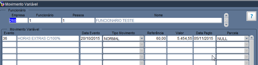 Página 65 Movimento Variável O movimento variável é onde você deverá cadastrar os eventos que não são fixos, como por exemplo, uma hora extra, falta, ou um adiantamento, eventos que são somente para