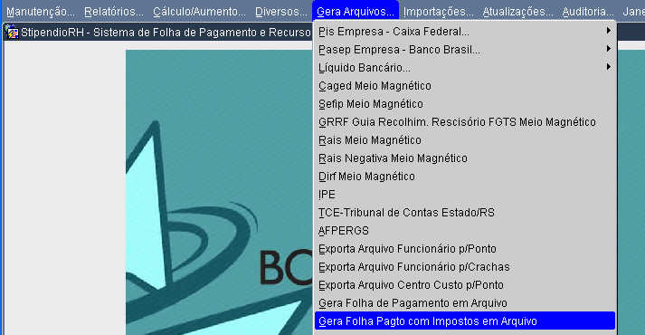 Página 94 Gera Arquivos O sistema gera os mais variados tipos de arquivos, por exemplo liquido bancário, folha de pagamento, SEFIP etc.. O menu principal para gerar arquivos é o Gera Arquivos.