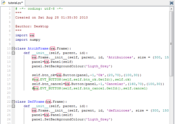 Mostro esta figura também para que vejas como está escrito no código em Spyder porque inseri também os eventos mas utilizei o símbolo # para os comentar (e comentando o Python já não vai ler essas