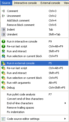 Figura 7 - O primeiro programa. Agora para meteres isto a funcionar precisas de ir ao menu Source e escolheres Run in external console (Figura 8): Figura 8 - Menu "Source" do Spyder.