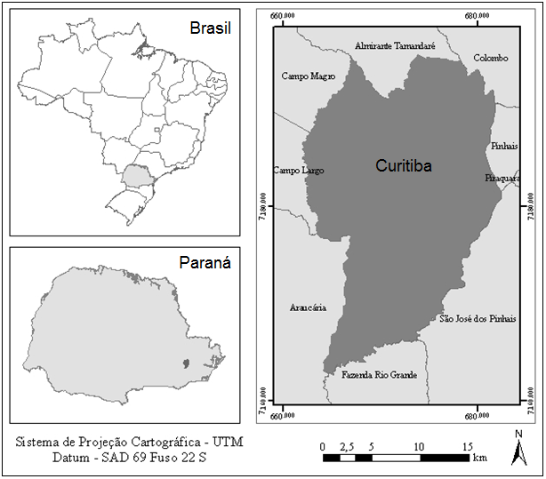 Figura 1. Localização Geográfica da cidade de Curitiba. Tabela 1. Dados meteorológicos obtidos no interior e exterior do bosque.