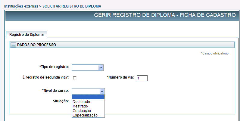 4. Selecionar Nível do Curso UNIVERSIDADE FEDERAL DE MINAS GERAIS No campo