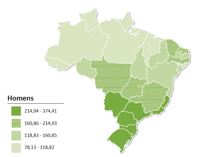 Representação espacial das taxas brutas de incidência por 100 mil homens, estimadas para o ano de 2014, segundo Unidade de Federação (todas as