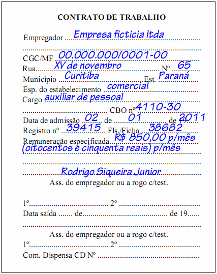 Modelo da folha de contrato de trabalho da Carteira de Trabalho e Previdência Social (CTPS) em branco para registro no ato da