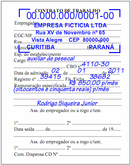 Modelo da folha de contrato de trabalho da Carteira de Trabalho e Previdência Social (CTPS) com registro mecânico através de etiqueta gomada.