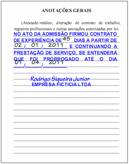 Modelo da folha de anotações gerais em branco da Carteira de Trabalho e Previdência Social (CTPS).