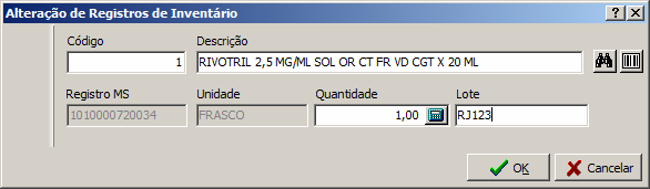 Ao inserir o primeiro registro através da tecla de atalho Alt + I o sistema apresenta a interface conforme imagem abaixo: O Inventário já busca no cadastro de Medicamento todos os detalhes do mesmo,