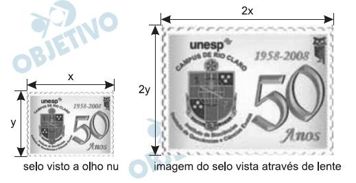 a) 60% maior. b) 40% maior. c) 60% menor. d) 40% menor. e) 25% menor. Resp: D 2ª FASE 1)Para observar detalhes de um selo, um filatelista utiliza uma lente esferica convergente funcionando como lupa.