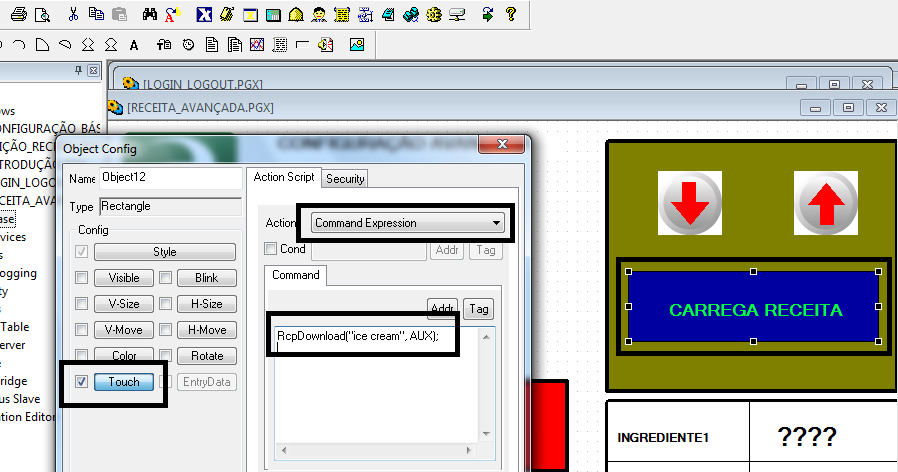 Download de receitas. Com a estrutura avançada praticamente pronta, é necessário criar um botão que carregue as informações da IHM, no CLP.