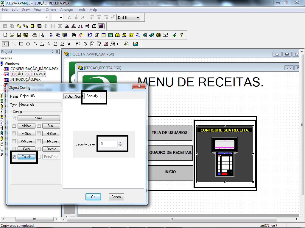 Configurando usuários Nas imagens acima, temos a tela Menu do projeto, quando colocamos qualquer objeto na tela, o Xpanel nos da a opção de determinar a função touch, e na aba security, determinamos