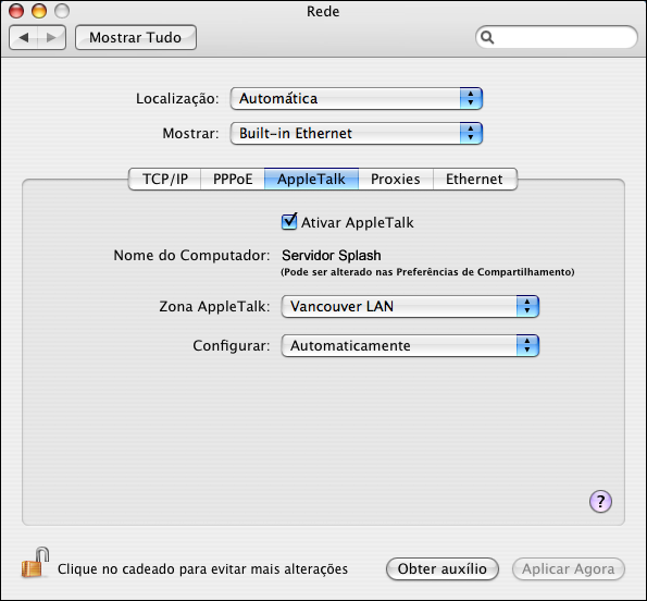 3 Selecione a opção Ativar AppleTalk. 4 Se mais de uma zona for exibida, selecione a Zona AppleTalk apropriada. 5 Clique em Aplicar agora (Mac OS 10.