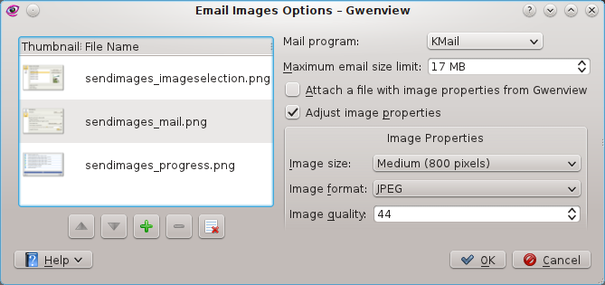 18.1.2 Configuração do E-Mail A parte direita da janela é usada para alterar a configuração das imagens a enviar. Estas opções serão recordadas quando você fechar o plugin até que as altere.