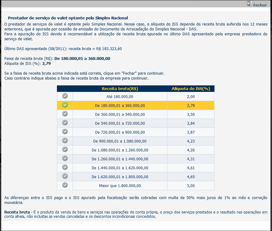 Sistema Serviço de Valet Manual do Usuário Página 16 Clique na faixa de receita bruta sugerida pelo sistema, ou em outra faixa, para continuar. 10.