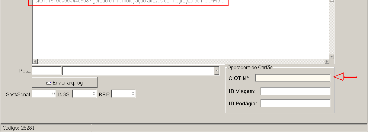 6.4.6 Na aba 4.Obs, caso o ambiente esteja em Homologação, o CIOT será gravado no campo Histórico, conforme item 7.3 deste manual.