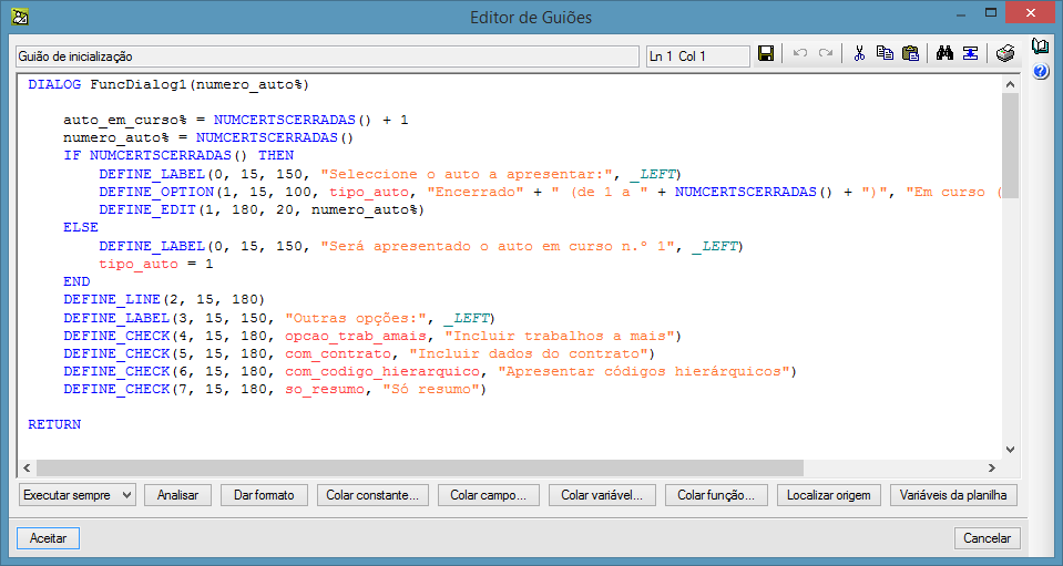 41 7. Guiões de planilhas Um guião é um conjunto de comandos escritos numa linguagem de programação própria do programa.