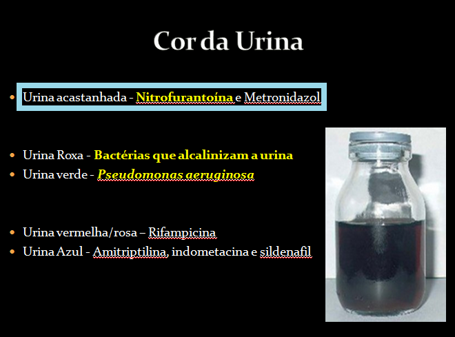 verde - Pseudomonas aeruginosa Urina vermelha/rosa