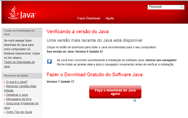 Na página do Java, clique no link Eu tenho Java?