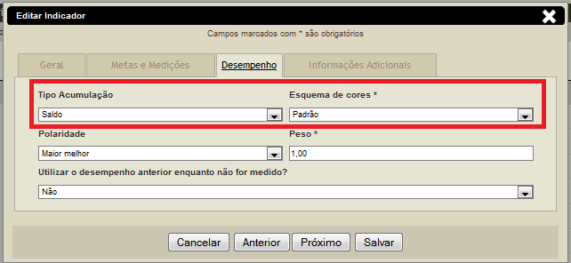 25 Na guia Desempenho, os campos Tipo Acumulação e Esquema de cores devem ser preenchidos com os valores Saldo e Padrão respectivamente: Na guia Informações Adicionais, o campo Valor Medido deve ser