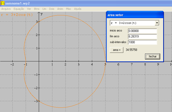 Resolvendo analiticamente a área da região da equação polar r = 2 + cos(t), temos: A =. Obtivemos como resultado, valor correspondente ao encontrado com uso do Winplot, conforme a figura 09.