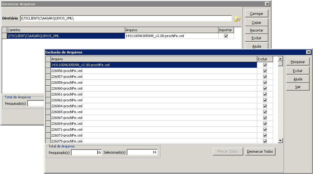 Nesta tela, selecionar o tipo de nota que será importada (NF-e ou CT-e) e informar o diretório principal onde são salvos todos os arquivos XML e/ou TXT enviados pelos clientes.